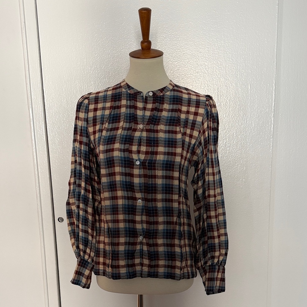 Doen Harlow Plaid Button-Up Blouse in Navy, Burgundy, Cream - Picture 2 of 7